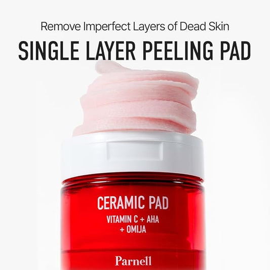 Parnell AHA 9.12% Omija Ceramic Peeling Pads (60 Count) | Gentle Daily Exfoliating Toner Pad with LHA PHA Vitamin C | Smooth Clear Look Korean Skin Care