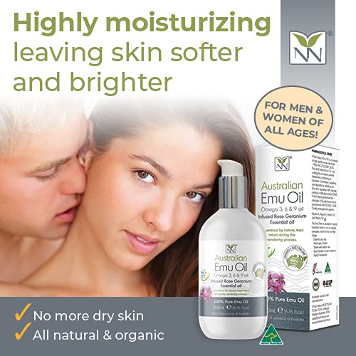 Y Not Natural Pure Emu Oil - Organic Moisture for Face, Body, Hair, Scalp & Nails - Rich in Omega 3-6-9, Vitamins & Essential Minerals - Australian Emu Oil (200ml) 6.76 fl oz - Rose Geranium