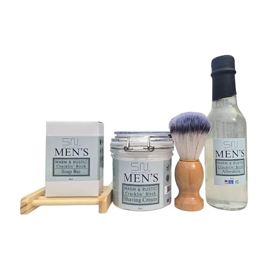 Seoul Naturals Men's Grooming Kit, Warm & Rustic Cracklin' Birch, 5 Piece Set with Shaving Cream, Barber Brush, Aftershave, Soap Bar and Soap Saver, k beauty