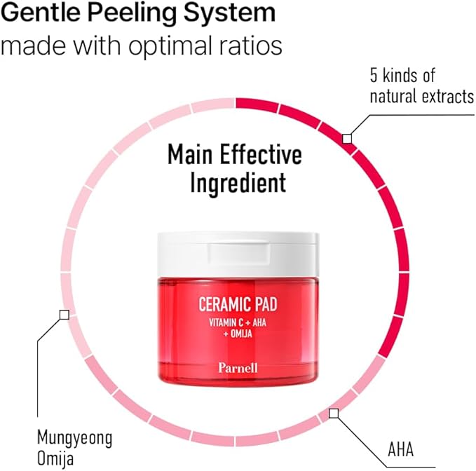 Parnell AHA 9.12% Omija Ceramic Peeling Pads (60 Count) | Gentle Daily Exfoliating Toner Pad with LHA PHA Vitamin C | Smooth Clear Look Korean Skin Care