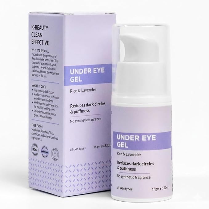 Under Eye Gel, Rice & Lavender, Reduces Dark Circles & Puffiness, All Skin Types, 15gm