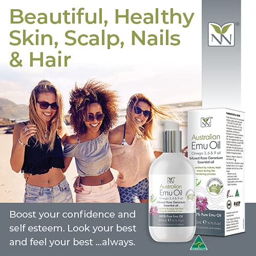Y Not Natural Pure Emu Oil - Organic Moisture for Face, Body, Hair, Scalp & Nails - Rich in Omega 3-6-9, Vitamins & Essential Minerals - Australian Emu Oil (200ml) 6.76 fl oz - Rose Geranium