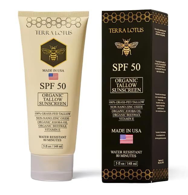 Organic Tallow Sunscreen - 50 SPF - For Face and Body - With 100% Grass-Fed Tallow and Non-Nano Zinc Oxide Reef Safe - (5 Oz)