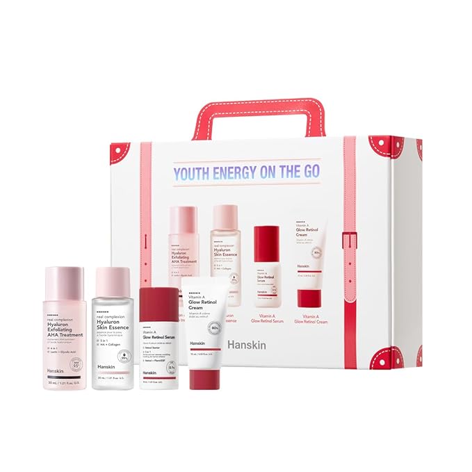 Hanskin Youth Energy On The Go Kit – Retinol & AHA Mini Skincare Set with Essence, Toner, Serum & Cream | TSA-Friendly Anti-Aging Travel Kit, Christmas Gift for Women, Stocking Stuffer