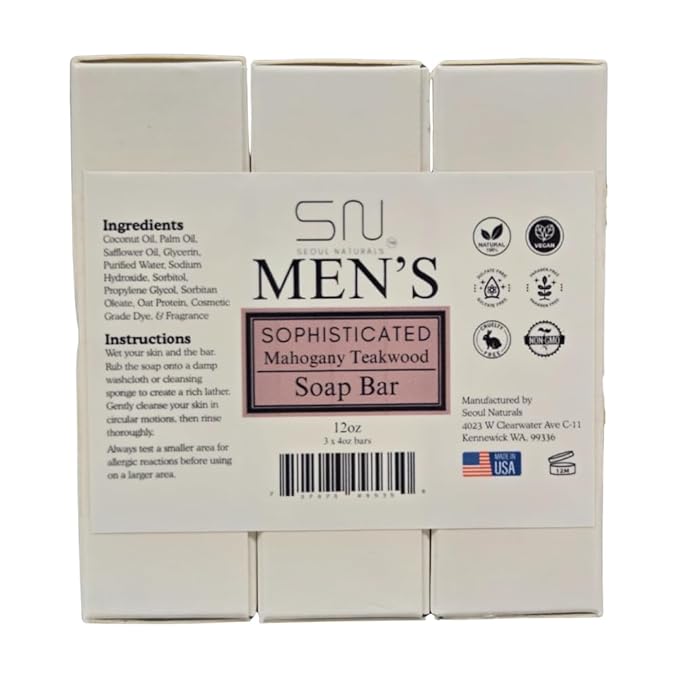 Seoul Naturals Men's Sophisticated Mahogany Teakwood Soap Bar, k beauty, 4 oz, 3 pack