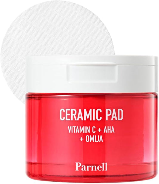 Parnell AHA 9.12% Omija Ceramic Peeling Pads (60 Count) | Gentle Daily Exfoliating Toner Pad with LHA PHA Vitamin C | Smooth Clear Look Korean Skin Care