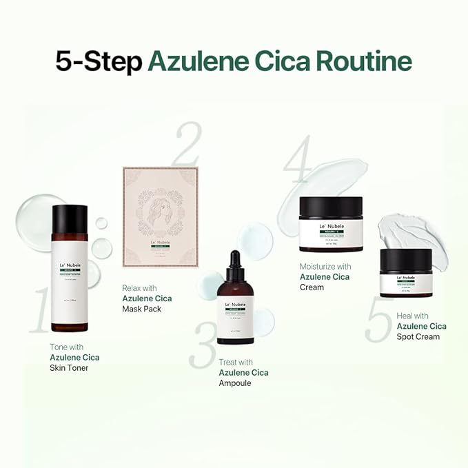 Le Nubele Azulene Cica Ampoule Soothes Acne Prone and Sensitive Skin, Azulene 700ppm, Centella Asiatica, Panthenol, Non-Comedogenic, Reduce Redness, Korean Skin Care, 50ml/1.06 fl.oz.