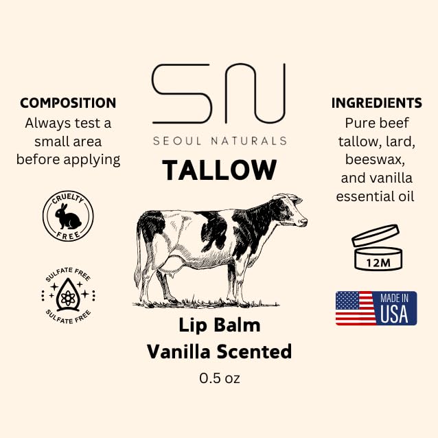 Seoul Naturals Tallow Lip Balm, Vanilla Flavored, k beauty, 0.5 oz