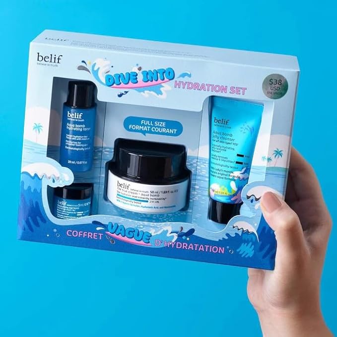 belif Aqua Bomb Dive Into Hydration Set | Korean Skin Care | Travel Essentials | Stocking Stuffer | Value Set | Gift Set for Mom | Gift for Her | Aqua Bomb, Cleansing Gel, Hydrating Toner,Eye Bomb