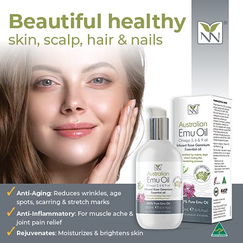 Y Not Natural Pure Emu Oil - Organic Moisture for Face, Body, Hair, Scalp & Nails - Rich in Omega 3-6-9, Vitamins & Essential Minerals - Australian Emu Oil (200ml) 6.76 fl oz - Rose Geranium