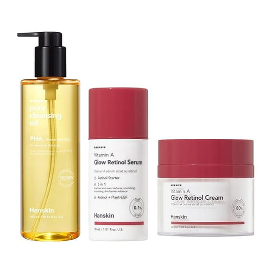 Hanskin Glass Skin Renewal Bundle – PHA Pore Cleansing Oil, Retinol Serum & Cream | Gentle Exfoliation, Radiant Glow & Anti-Aging for Mature, Dull & Tired Skin | Korean Skincare Set, K-Beauty