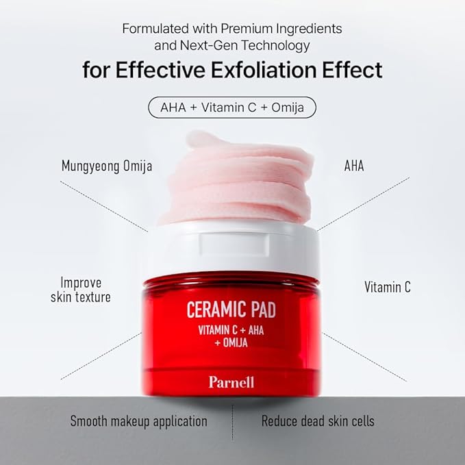 Parnell AHA 9.12% Omija Ceramic Peeling Pads (60 Count) | Gentle Daily Exfoliating Toner Pad with LHA PHA Vitamin C | Smooth Clear Look Korean Skin Care