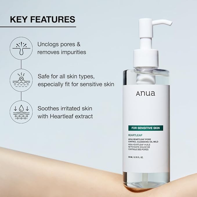 ANUA Heartleaf Pore Cleansing Oil MILD, Sensitive Skin Face Wash, Oil Cleanser for Face, Makeup Blackhead Remover, Korean Skin Care, Non-Comedogenic, Fragrance Free (6.76 fl oz)