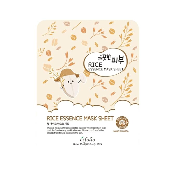 esfolio Rice Essence Sheet Mask– Hydrating & Moisturizing Face Mask for Glowing Skin – Anti-Aging Korean Skincare with Rice Ferment Filtrate – Facial Mask (Pack of 10)