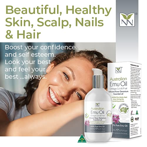 Y Not Natural Pure Emu Oil - Organic Moisture for Face, Body, Hair, Scalp & Nails - Rich in Omega 3-6-9, Vitamins & Essential Minerals - Australian Emu Oil (200ml) 6.76 fl oz - Rose Geranium