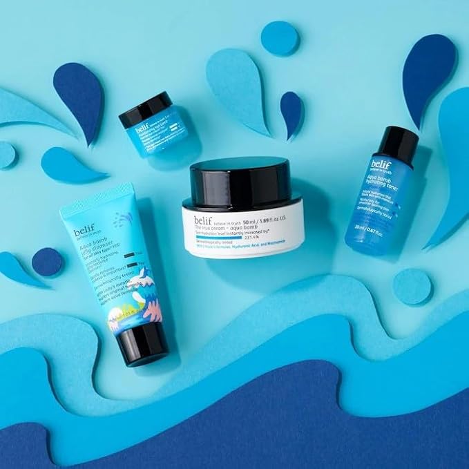 belif Aqua Bomb Dive Into Hydration Set | Korean Skin Care | Travel Essentials | Stocking Stuffer | Value Set | Gift Set for Mom | Gift for Her | Aqua Bomb, Cleansing Gel, Hydrating Toner,Eye Bomb