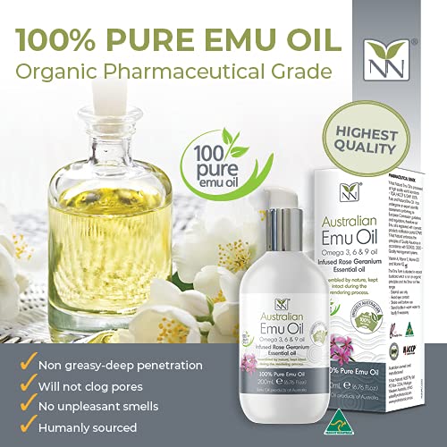 Y Not Natural Pure Emu Oil - Organic Moisture for Face, Body, Hair, Scalp & Nails - Rich in Omega 3-6-9, Vitamins & Essential Minerals - Australian Emu Oil (200ml) 6.76 fl oz - Rose Geranium