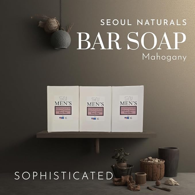 Seoul Naturals Men's Sophisticated Mahogany Teakwood Soap Bar, k beauty, 4 oz, 3 pack