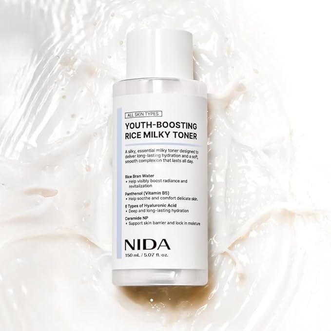 NIDA Youth-boosting Rice Milky Toner, for Glass Skin | Rice Bran Extract, Niacinamide, Ceramide NP, Panthenol | Deep Moisturizing, Hydrating and Refreshing, Korean Skin Care | 5.07 fl. oz., 150ml