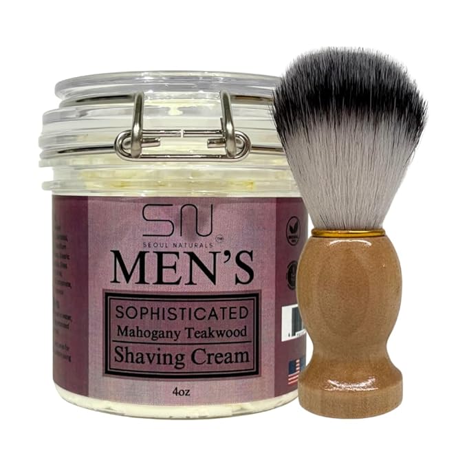 Seoul Naturals Sophisticated Mahogany Teakwood Shaving Cream with Barber Brush, k beauty, 6 oz