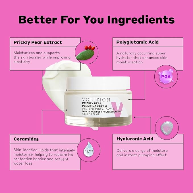 Volition Beauty Prickly Pear Plumping Cream with Ceramides + Polyglutamic Acid | Rich Moisturizer for Dry, Mature Skin | Hydrates, Minimizes Lines & Wrinkles | Reinforces Barrier Function