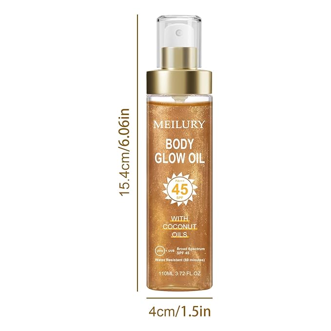 Body Glow Oil, SPF 45 Broad Spectrum, Sunscreen Body Oil with Rose Gold Mica, Moisturizing Coconut, Glow Moisturizer, Lightweight, Water Resistant, 3.72 fl oz(#3 AMBER)