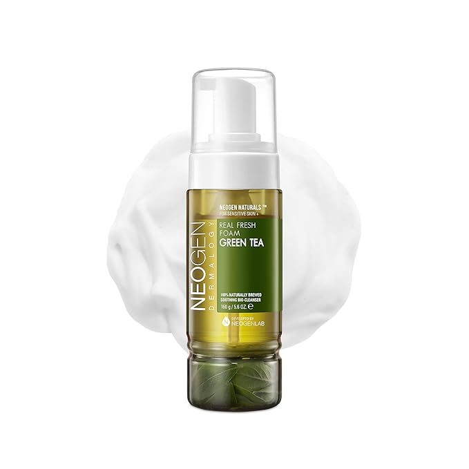 DERMALOGY by NEOGENLAB NEOGEN Real Fresh Foam Cleanser, Green Tea 5.6 Fl Oz (160g) - Soothing & Hydrating Gentle Cleansing Foam with Real Green Tea Extract, Clean Beauty - Korean Skin Care