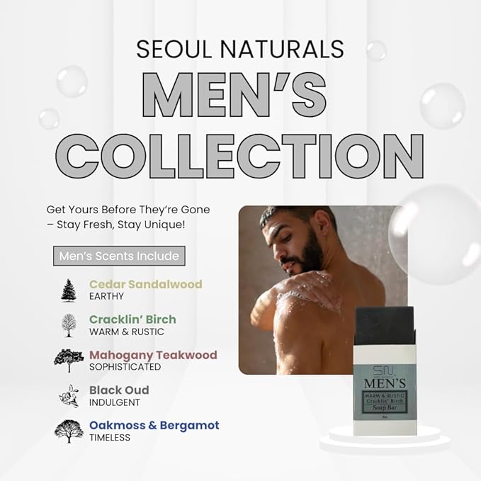 Seoul Naturals Men's Timeless Oakmoss & Bergamot Soap Bar, k beauty, 4 oz