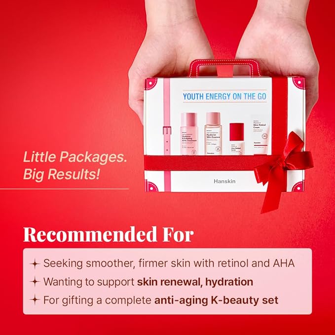 Hanskin Youth Energy On The Go Kit – Retinol & AHA Mini Skincare Set with Essence, Toner, Serum & Cream | TSA-Friendly Anti-Aging Travel Kit, Christmas Gift for Women, Stocking Stuffer