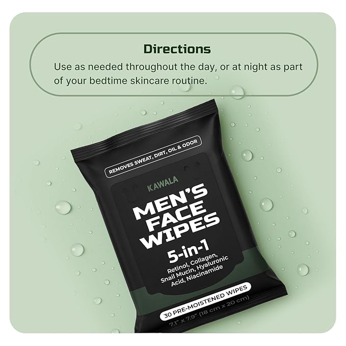 Mens Face Wipes 5-in-1 Anti-Aging Face Cleansing Wipes for Mens Skin Care with Retinol, Collagen, Snail Mucin, Hyaluronic Acid & Niacinamide – Alcohol-Free for Oily or Acne-Prone Skin Woodsy Scent