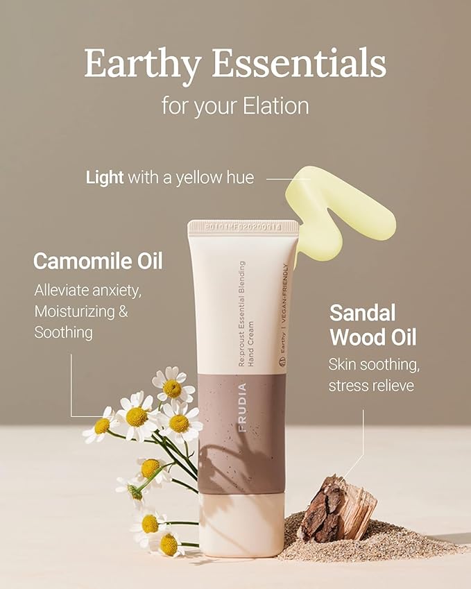 FRUDIA Re:proust Essential Blending Hand Cream – Earthy Scent, 1.76 fl oz | Vegan, Non-Greasy Moisturizer with Shea Butter, Sandalwood, Chamomile & Moringa Oil | Travel-Size 1.76 fl oz