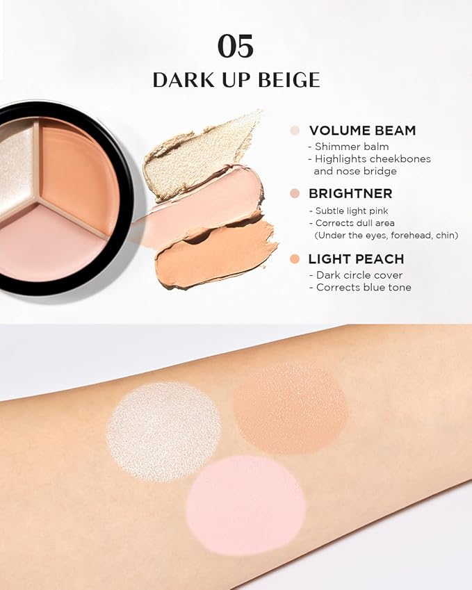 THESAEM Cover Perfection Triple Pot Concealer - 05 Dark Up Beige for Dark Circles & Under-Eye - 3-Color Multi Concealer Palette with Volume & Brightening - Korean Makeup with Sweet Almond Oil