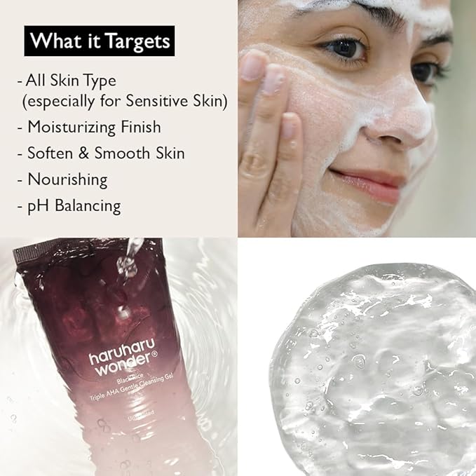 HARUHARU wonder Black Rice Triple AHA Gentle Cleansing Gel, Hydrating Cleansing gel, Gentle exfoliating, Vegan, Travel essentials, Korean Skincare, 3.38 fl oz