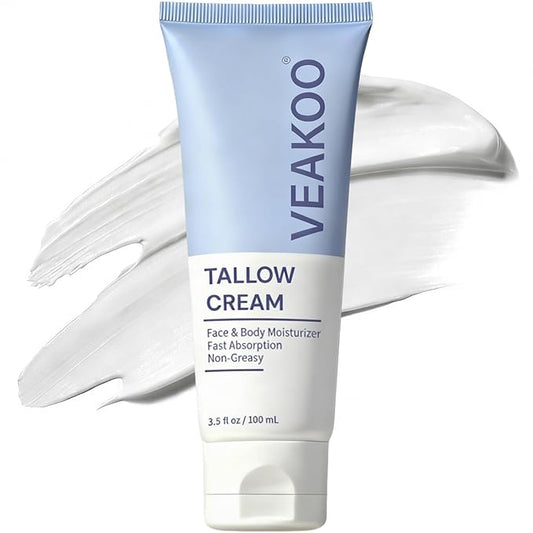 Veakoo Beef Tallow for Skin, Whipped Beef Tallow Cream, Unscented Face Moisturizer in Tube, Organic Grass Fed Tallow and Honey Balm for Nourishing Dry, Oily, Combination, and Normal Skin