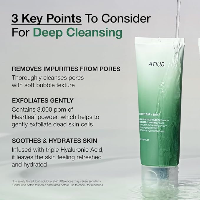 Anua Heartleaf Quercetinol Pore Deep Cleansing Foam, Face wash for Pore Refining Cleanser, Hydrating Daily Facial Cleanser For Double Cleansing, Gentle Foaming with BHA, Korean Skincare, 5.07 fl.oz