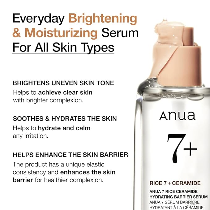 Anua Rice Ceramide 7 Hydrating Barrier Serum, Moisturizing Face Serum, Non-comodogenic, Hyaluronic Acid, Niacinamide, Lightweight, Fragrance Free, Sensitive Dry Skin, Korean Skincare 1.69fl oz