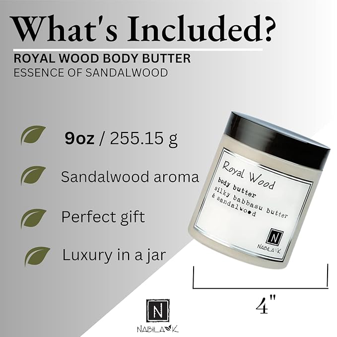 Nabila K Body Butter - Daily Moisturizer for Body Care - Skin Hydrating Deep Moisturizing - Natural Ingredients - Royal Wood - 9 oz