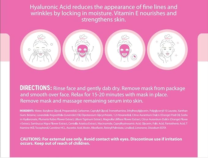 Hyaluronic Acid & Vitamin E Sheet Face Mask - Plumps & Moisturizes Skin, Reduces Wrinkles & Fine Lines, Hydrating Sheet Mask - Cruelty Free Korean Skin Care For All Skin Types - 5 Masks