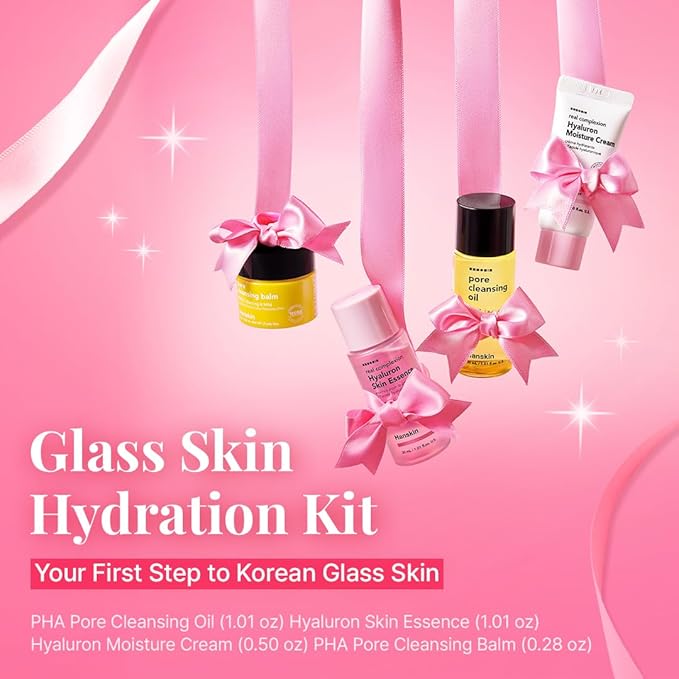 Hanskin Glass Skin On the Go Kit – Travel-Friendly Hydrating Set with PHA Cleansing Oil&Balm, Toner & Moisture Cream | TSA-Approved Mini Skincare, Holiday Stocking Stuffer, Teen Girl & Women’s Gift