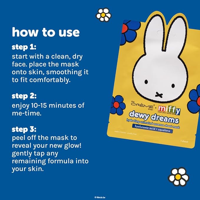 The Crème Shop x Miffy Dewy Dreams Hydrating Animated Essence Sheet Mask with Hyaluronic Acid & Squalane, Deep Moisture, K-Beauty, Cruelty-Free, Gentle Care for All Skin Types (Pack of 5)