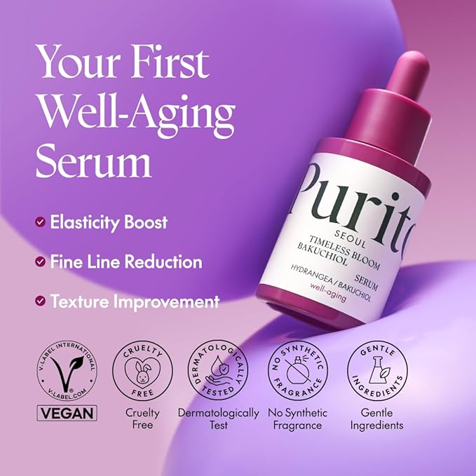 PURITO SEOUL Timeless Bloom Bakuchiol Serum, Korean Jeju Hydrangea, for Sensitive Skin, Ampoule, Fine Line Reduction, Anti Aging Facial Serum for face, K-Beauty, 30ml 1fl.oz