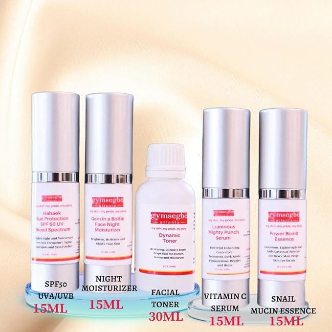 gymsegbë Mini Skincare Set – Travel Size 5-Step Korean Skin Care Intro Kit (5x15ml) with Snail Mucin, Niacinamide & SPF50 Moisturizer – TSA-Friendly, Vegan, Cruelty-Free