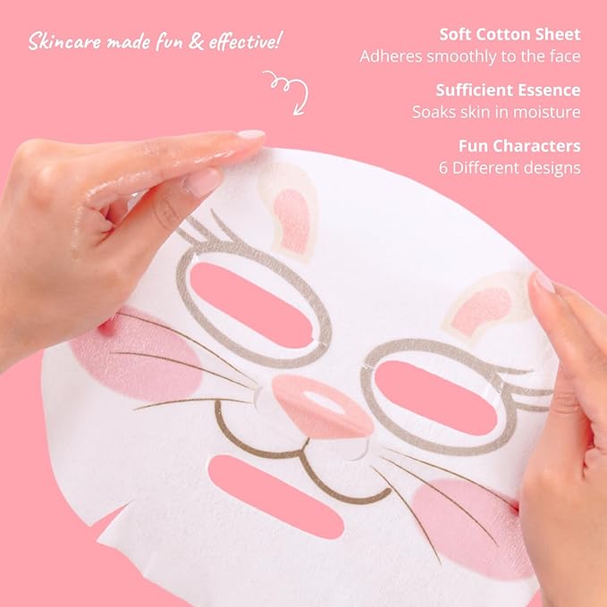 Epielle Character Face Mask Fuzzy Friends 12 Pack, Fun & Effective Korean Skin Care, Spa Party Favors, Stocking Stuffers, Birthday Gifts for Women, Self Care Gifts