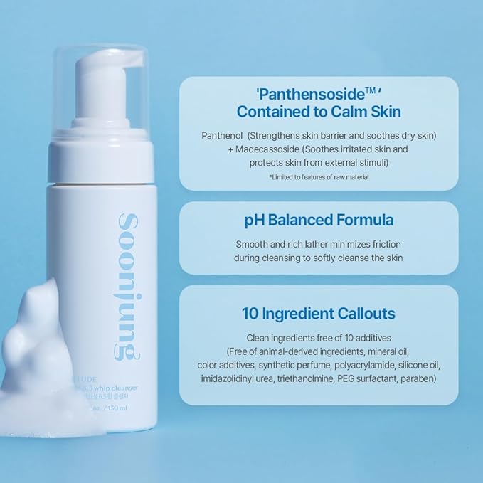 ETUDE SoonJung pH 6.5 Whip Cleanser Big Size, Mild Micro Foaming Face Wash for Sensitive Skin, Panthenol, Madecassoside for Soothing, Barrier Repair, Low pH, Vegan, Non-comedogenic 8.45 Fl Oz
