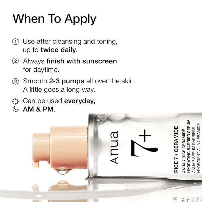 Anua Rice Ceramide 7 Hydrating Barrier Serum, Moisturizing Face Serum, Non-comodogenic, Hyaluronic Acid, Niacinamide, Lightweight, Fragrance Free, Sensitive Dry Skin, Korean Skincare 1.69fl oz