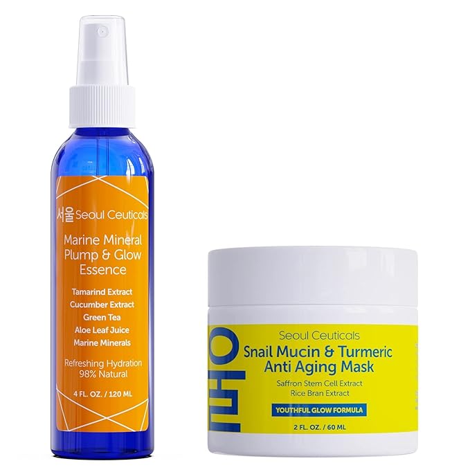 Korean Skincare Set - Contains K Beauty Essence Spray + Snail Mucin Turmeric Face Mask - This Potent Anti Aging Anti Wrinkle Skin Care Set Will Provide You With That Healthy Youthful Glow