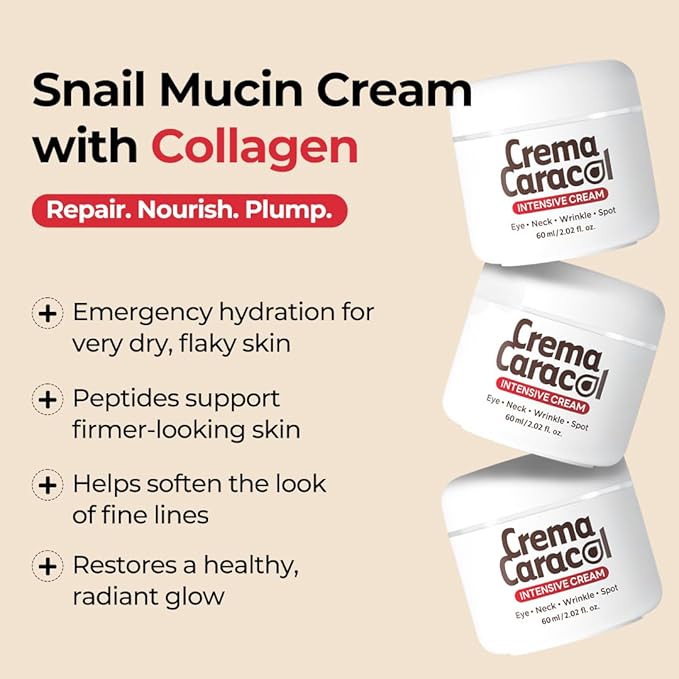 Intensive Snail Cream with Collagen for Dry, Sensitive Skin, Hydrating & Firming Moisturizer, Barrier Support Cream, Korean Skincare 2.02 fl oz