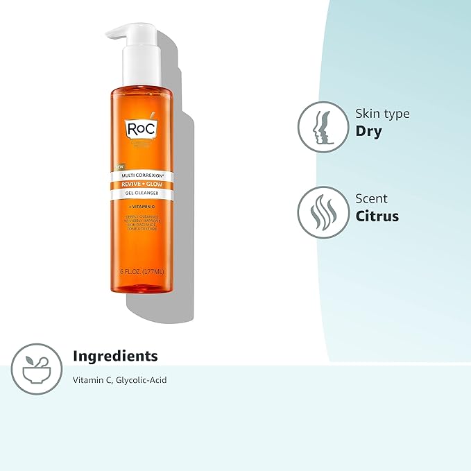 RoC Multi Correxion Revive + Glow Gel Vitamin C Cleanser,Face Wash,Facial Cleanser with Glycolic Acid,Paraben-Free,Sulfate-Free Skin Care - 6 Ounces,(Pack of 2)