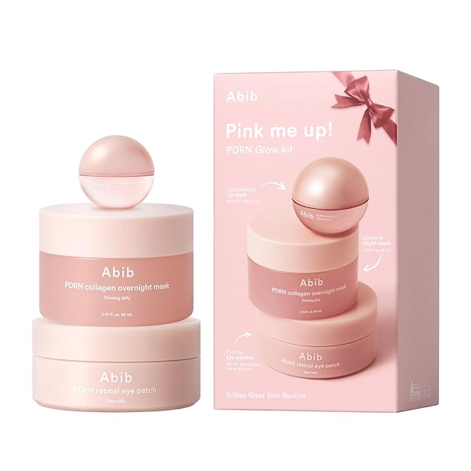 Abib Pink Me Up Pdrn 3 Step Glow Kit | Overnight Firming Jelly Mask, PDRN Retinal Eye patches, PDRN Lip Mask | Korean Skincare Set for Glass Skin, Valentines Day Gifts for Women