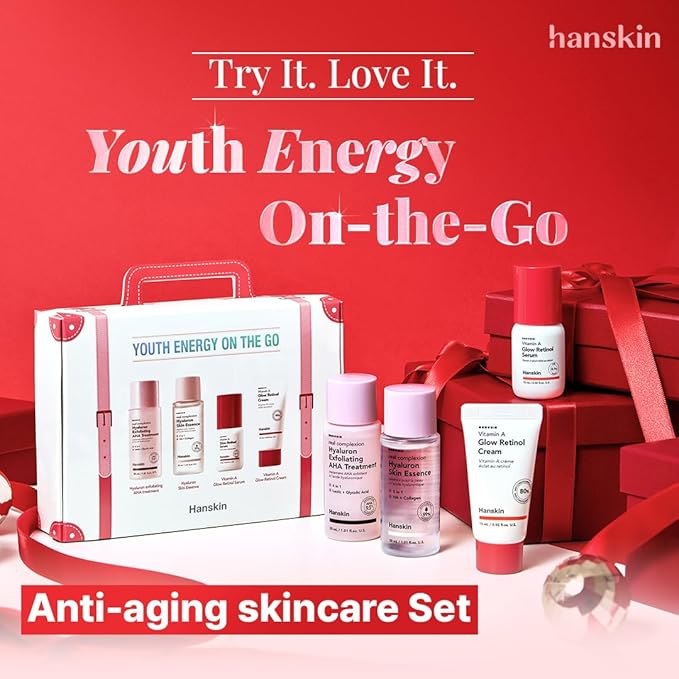 Hanskin Youth Energy On The Go Kit – Retinol & AHA Mini Skincare Set with Essence, Toner, Serum & Cream | TSA-Friendly Anti-Aging Travel Kit, Christmas Gift for Women, Stocking Stuffer